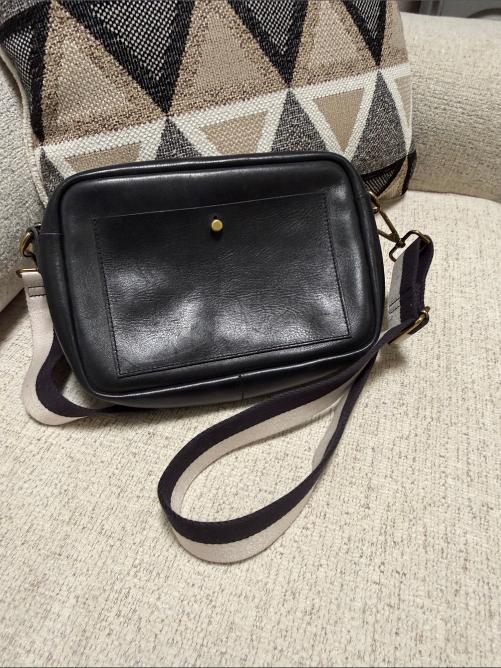 Madewell Black Leather Crossbody with Striped Webbed Strap